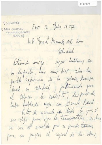 [Carta], 1957 jul. 12, París, a José Luis Fernández del Amo, Madrid /