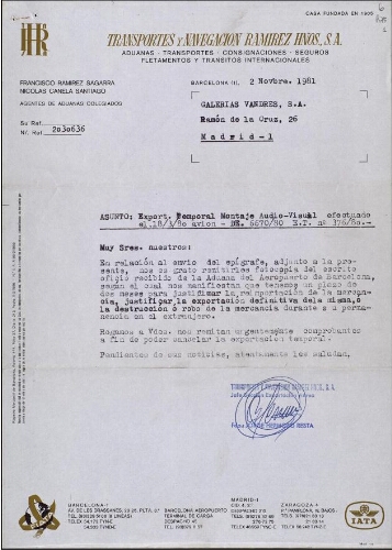 [Carta], 1981 nov. 2, Barcelona, to Galería Vandrés, Madrid.