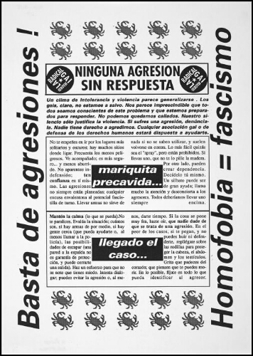 Basta de agresiones!: homofobia = fascismo : ninguna agresión sin respuesta : maricas en lucha : Comisión Antiagresiones de La Radical Gai.