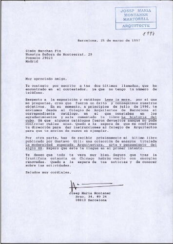 [Carta] 1997 marzo 25, Barcelona, a Simón Marchán Fiz, Pozuelo (Madrid)