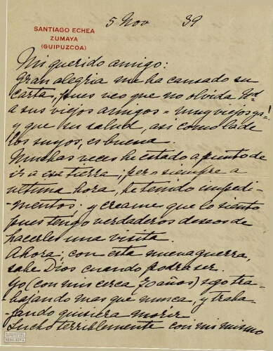 [Carta], 1939 nov. 5, Santiago Echea, Zumaya (Guipúzcoa), a [Pedro Jiménez], [Buenos Aires] 