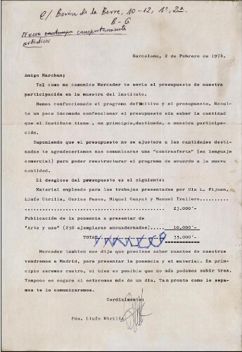 [Carta] 1974 feb. 2, Barcelona, a [Simón] Marchán