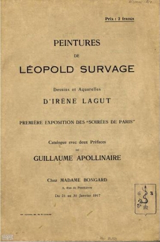 Peintures de Leopold Survage. Dessins et aquarelles d'Irène Lagut: Première exposition des "Soirées de Paris" /