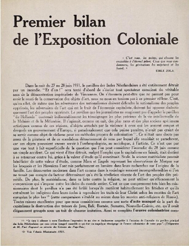 Premier bilan de l'Exposition Coloniale
