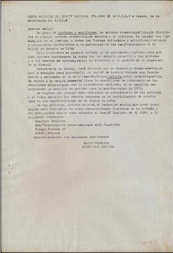 Carta recibida del Comité Nacional Italiano de la A.I.A.P. a través de la Secretaría del A.I.A.P.