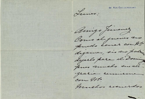[Carta], [1909 jun. 7], [París], a [Pedro] Jiménez, [París] 