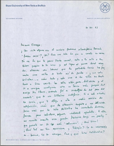 [Carta], 1973 dic. 20, Buffalo, a José Luis Alexanco, [Madrid]