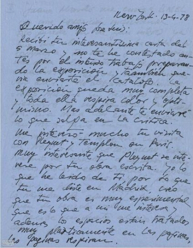 [Cartas][Manuscrito], 1978 abr. 13, New York, a José Luis [Castillejo], [¿Madrid?]