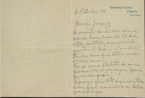 [Carta], 1916 oct. 6, Santiago-Echea, Zumaya (Guipúzcoa), a [Pedro] Jiménez, [San Sebastián] 