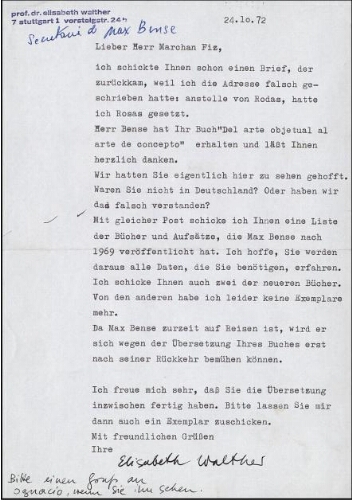 [Carta] 1972 octubre 24, Kassel, a [Simón] Marchán Fiz