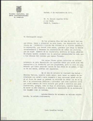 [Carta] Madrid, 9 de septiembre de 1971, a Manuel Ángeles Ortiz, París /