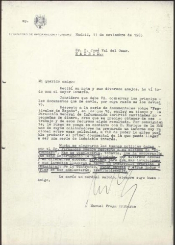 [Carta] 1965 noviembre 11, Madrid, a José Val del Omar, Madrid /