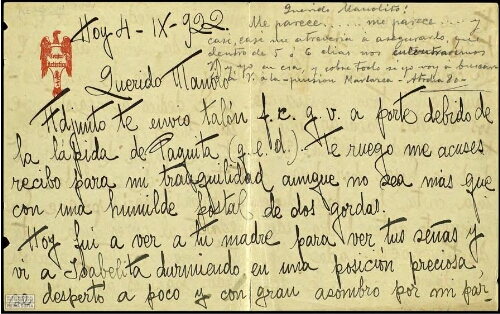 [Carta, Granada] 4-IX-922, a Manuel Ángeles Ortiz, [Madrid] /