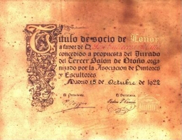 Título de socio de Honor, 1922 oct. 15, a favor de José Gutiérrez-Solana, a propuesta del Jurado del Tercer Salón de Otoño