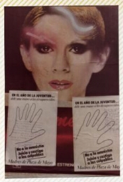 Dos hojas afiches con siluetas de manos intervenidas, sobre afiche publicitario.