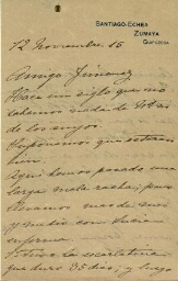 [Carta], 1915 nov. 12, Santiago-Echea, Zumaya (Guipúzcoa), a [Pedro] Jiménez, [París] 