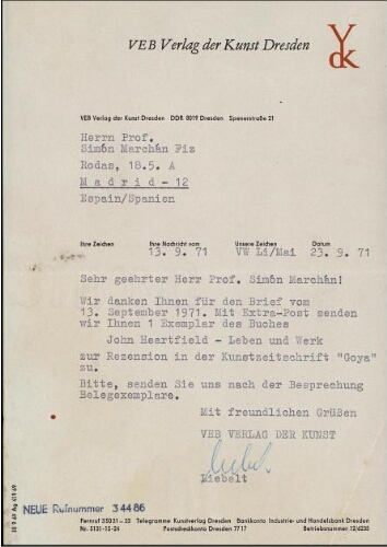 [Carta] 1971 septiembre 23, Dresden, a Simón Marchán Fiz, Madrid