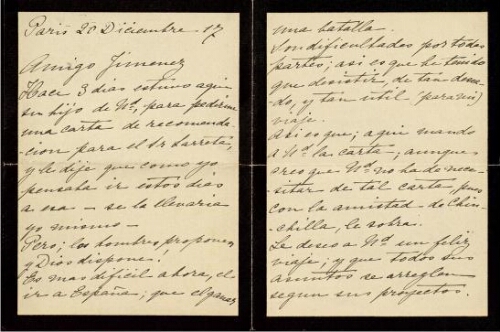 [Carta], 1917 dic. 20, París, a [Pedro] Jiménez, [San Sebastián?] 