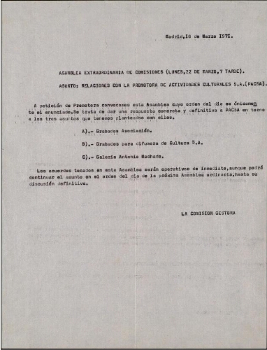 [Carta] 1971, marzo 18, Madrid, a los miembros de la Asociación de Artistas Plásticos de Madrid