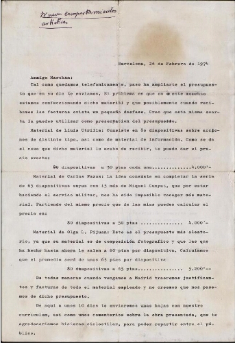 [Carta] 1974 feb. 26, Barcelona, a [Simón] Marchán