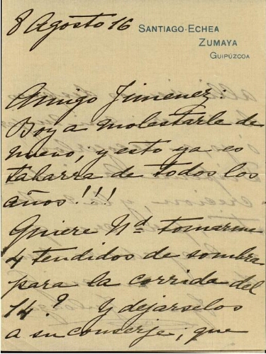[Carta], 1916 ag. 8, Santiago-Echea, Zumaya (Guipúzcoa), a [Pedro] Jiménez 