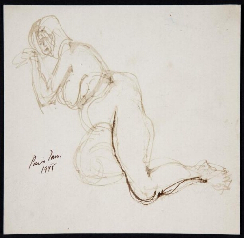 Femme nue allongée, penchée vers la gauche tête sur le main (Mujer desnuda inclinada a la izquierda, con la cabeza en la mano)