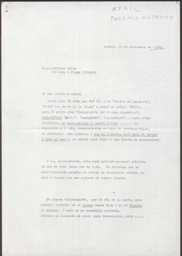 [Carta] 1975 diciembre 31, Madrid, a Manuel Fraga Iribarne, Madrid /