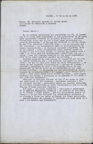 [Carta], 1970 marzo 17, Madrid, al Excmo. Sr. Director General de Bellas Artes