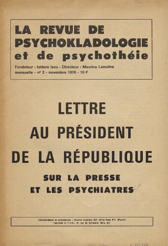 La revue de psychokladologie et de psychothéie.