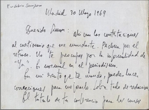 [Carta] 1969 mayo 30, Madrid, a Simón [Marchán]