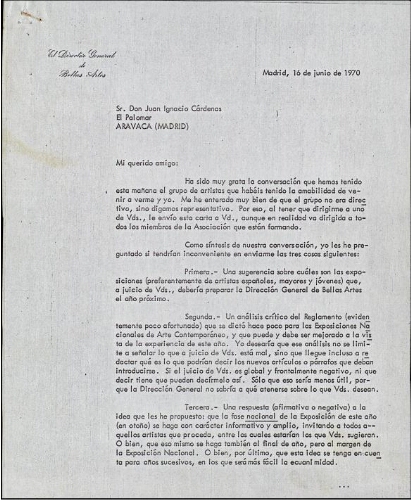 [Carta], 1970 jun. 16, Madrid, al Sr. Don Juan Ignacio Cárdenas, Aravaca (Madrid)
