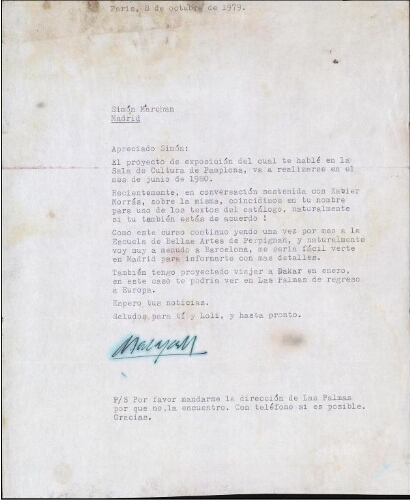 [Carta] 1979 octubre 8, París, a Simón Marchán, Madrid