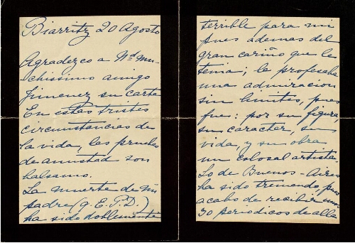 [Carta], [1910] ag. 20, Biarritz, a [Pedro Jiménez], [París] 