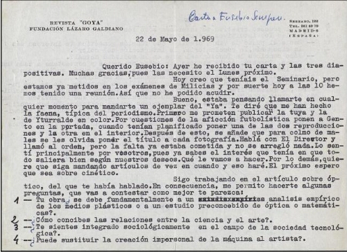 [Carta] 1969 mayo 22, Madrid, a Eusebio Sempere