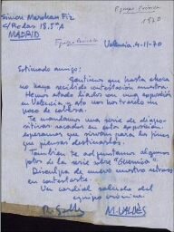 [Carta] 1970 noviembre 4, Valencia, a Simón Marchán Fiz, Madrid