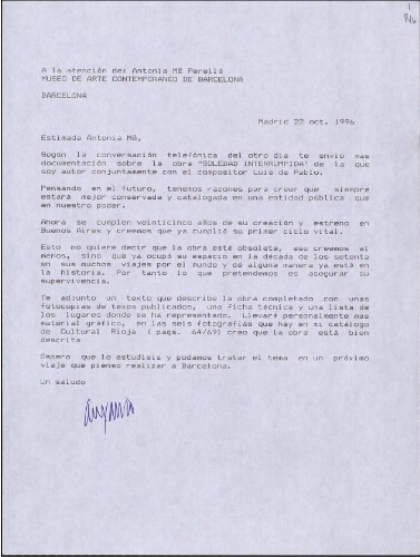 [Carta], 1996 oct. 22, Madrid, a Antonia Mª Perelló, Barcelona