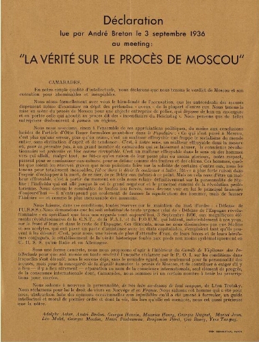 Déclaration lue par André Breton le 3 septembre 1936 au meeting: "La vérité sur le procès de Moscou".