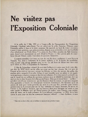 Ne visitez pas l'Exposition Coloniale