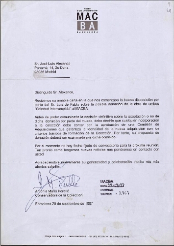 [Carta], 1997 sept. 29, Barcelona, a José Luis Alexanco, Madrid 