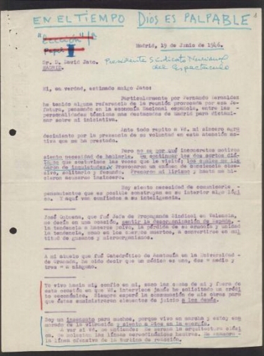 [Carta] 1946 junio 19, Madrid, a David Jato, Madrid
