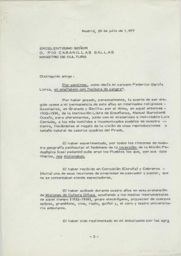 [Cartas de José Val del Omar a Pío Cabanillas, ministro de Cultura].