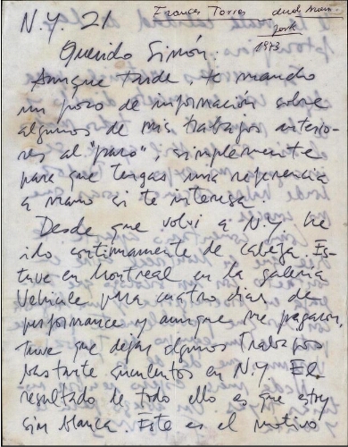 [Carta] 1973, Nueva York, a Simón [Marchán]