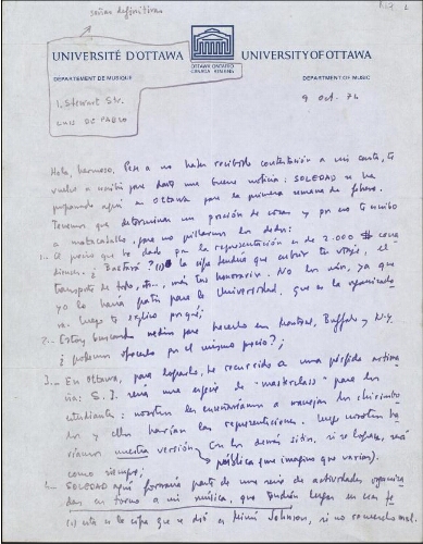 [Carta], 1974 oct. 9, Ottawa, a José Luis Alexanco, [Madrid]