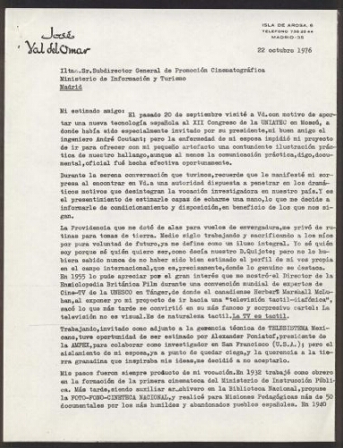 [Cartas de José Val del Omar a Ramiro Cercós, subdirector general de Promoción Cinematográfica].