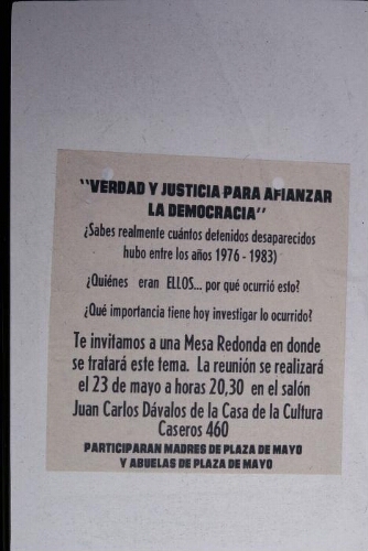 Panfleto "verdad y justicia para afianzar la democracia"