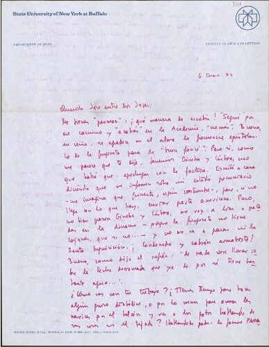 [Carta], 1974 en. 6, Buffalo, a José Luis Alexanco, [Madrid]