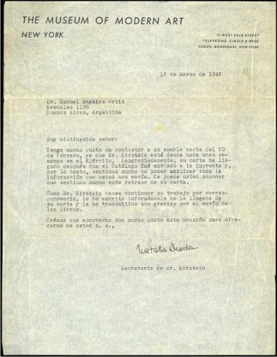 [Carta de] Natalie Wisston, Nueva York, 12 de marzo de 1943, a Manuel Ángeles Ortiz, Buenos Aires /