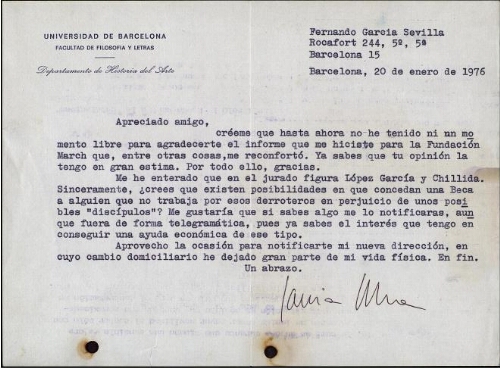 [Carta] 1976 enero 20, Barcelona, a [Simón Marchán]
