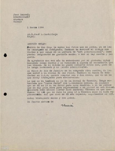 [Carta], 1966 marzo 1, Madrid, a José L. Castillejo, Argel
