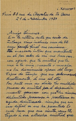 [Carta], 1939 nov. 21, [París], a [Pedro] Jiménez, [Buenos Aires?] 